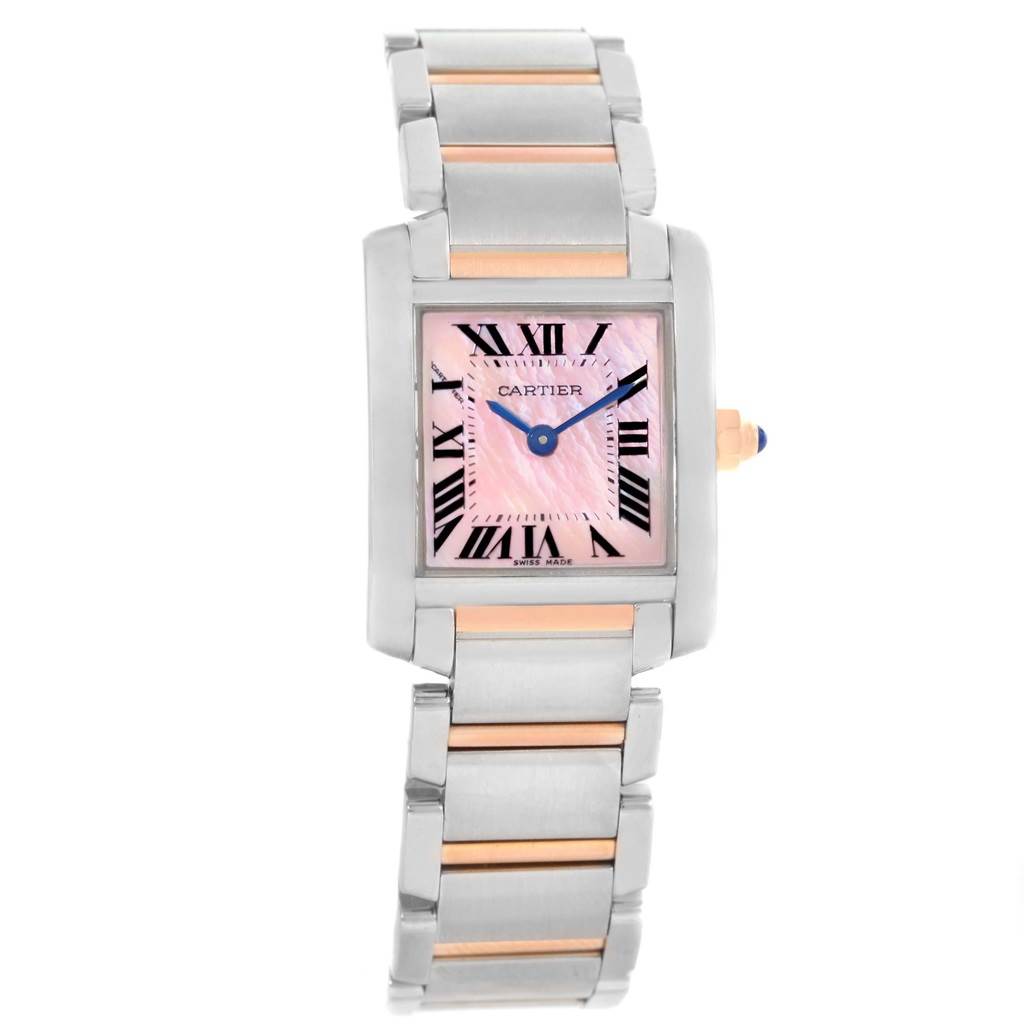 The image shows a Cartier Tank Francaise W51027Q4 Women's Steel and Gold (two tone) Mother of Pearl Dial W51027Q4 Women's Steel and Gold (two tone) Mother of Pearl Dial watch from a front angle, highlighting its dial, bezel, and bracelet.