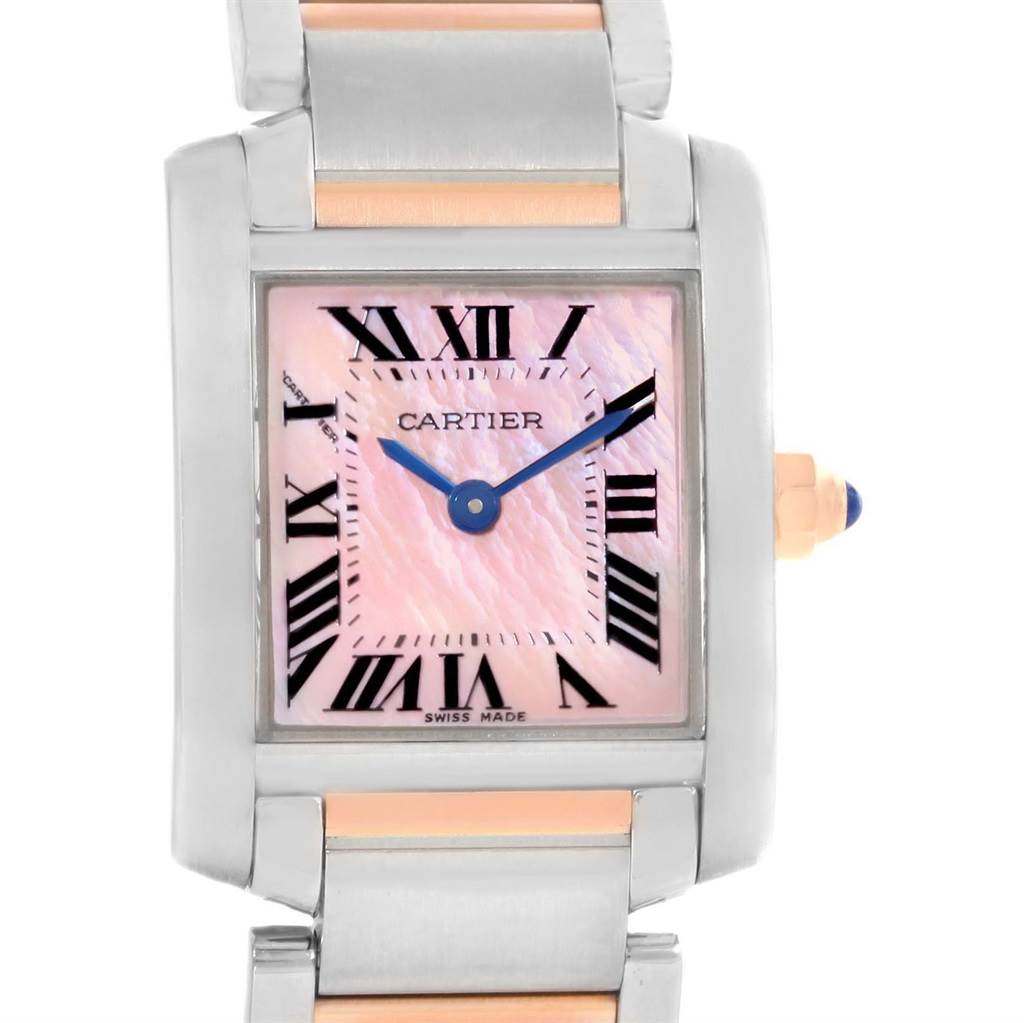 The image shows a close-up of a Cartier Tank Francaise W51027Q4 Women's Steel and Gold (two tone) Mother of Pearl Dial W51027Q4 Women's Steel and Gold (two tone) Mother of Pearl Dial watch face and part of its two-tone metal band.