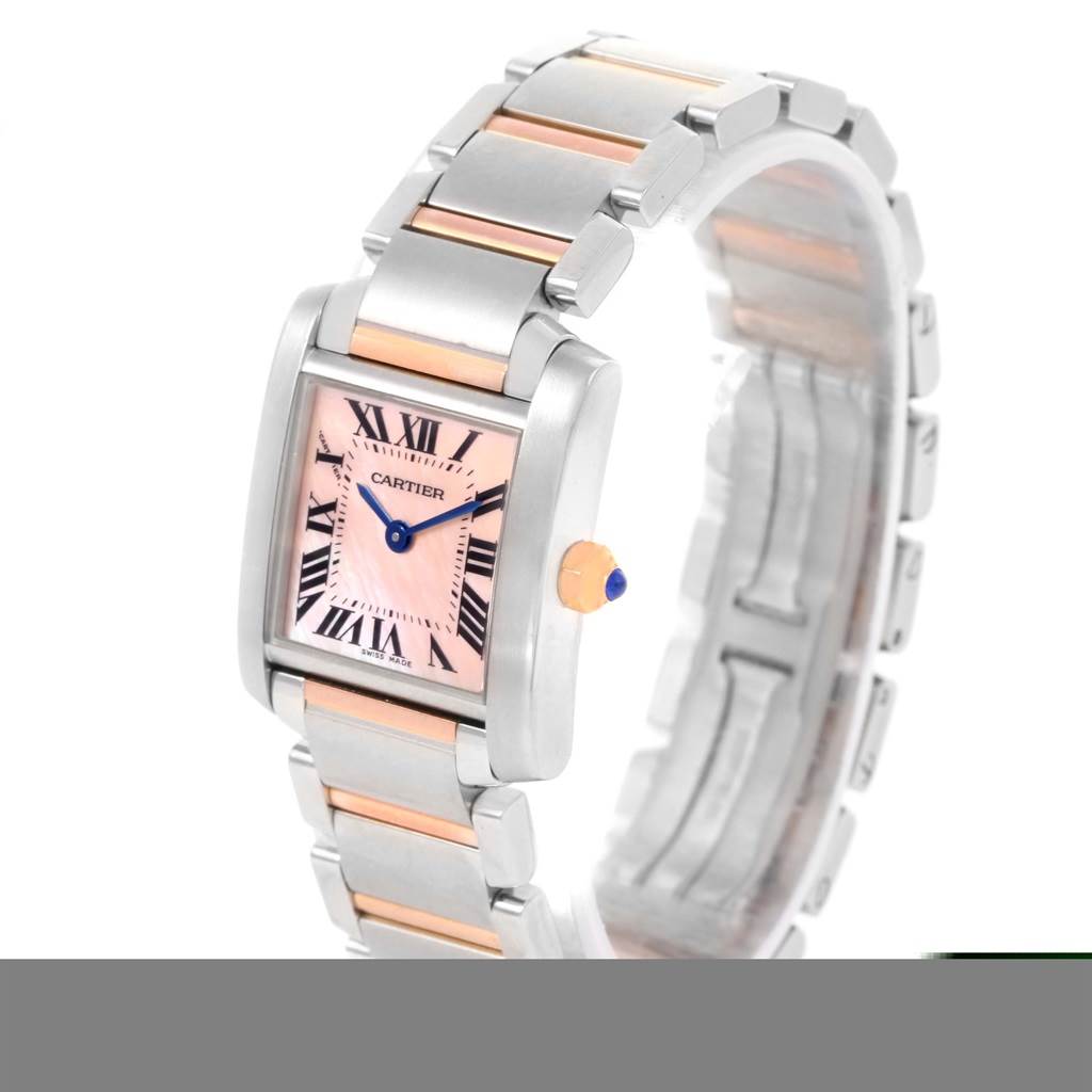 The image shows a Cartier Tank Francaise W51027Q4 Women's Steel and Gold (two tone) Mother of Pearl Dial W51027Q4 Women's Steel and Gold (two tone) Mother of Pearl Dial watch at a slight angle, highlighting its face, bezel, and bracelet.