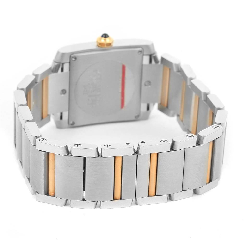 This image shows the back angle of a Cartier Tank Francaise W51012Q4 Women's Steel and Gold (two tone) Silver Dial W51012Q4 Women's Steel and Gold (two tone) Silver Dial watch, highlighting the case back and bi-metal bracelet.