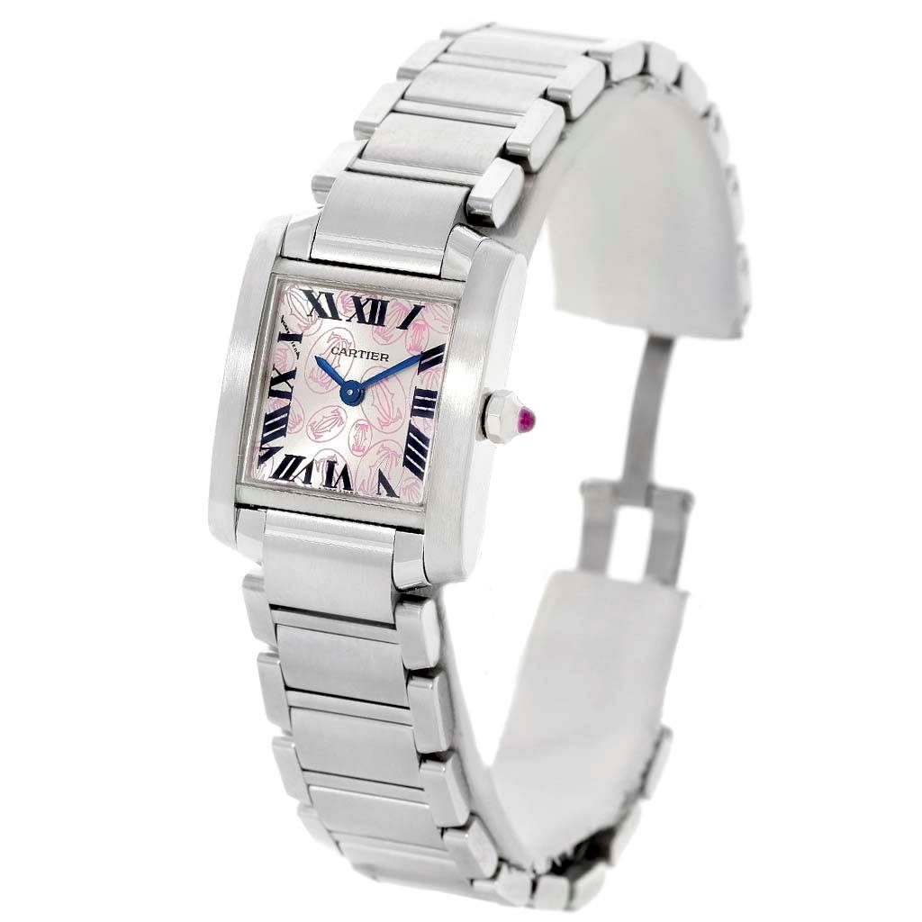The image shows a Cartier Tank Francaise W51031Q3 Women's Stainless Steel Silver Dial W51031Q3 Women's Stainless Steel Silver Dial watch from an angled perspective, emphasizing its face, bracelet, and clasp.