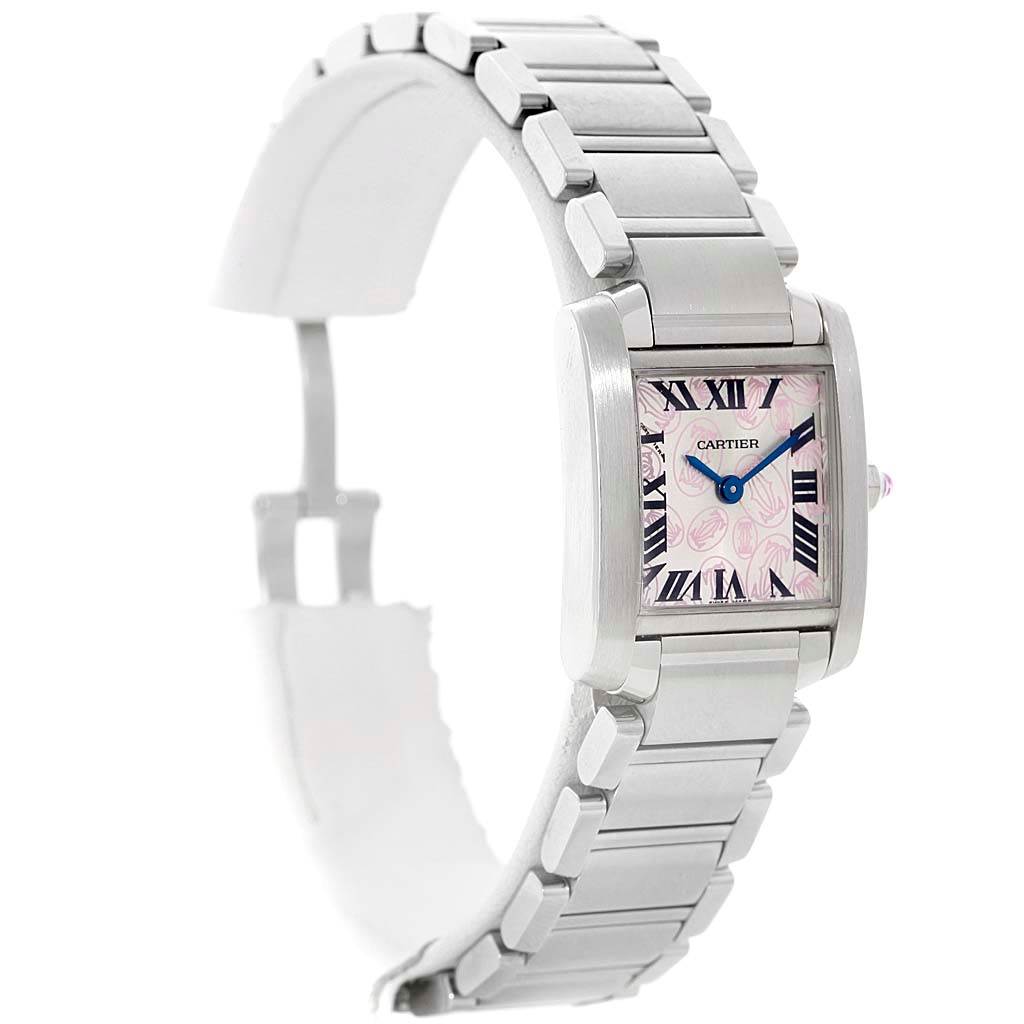 This image shows a side view of the Cartier Tank Française watch, highlighting its bracelet, rectangular case, and dial.