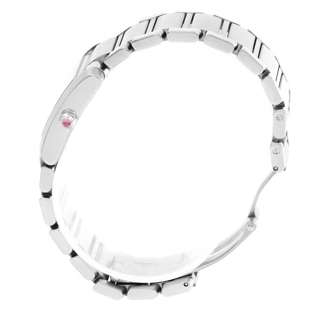 This image shows a side view of the Cartier Tank Française watch, highlighting its metal bracelet and crown.