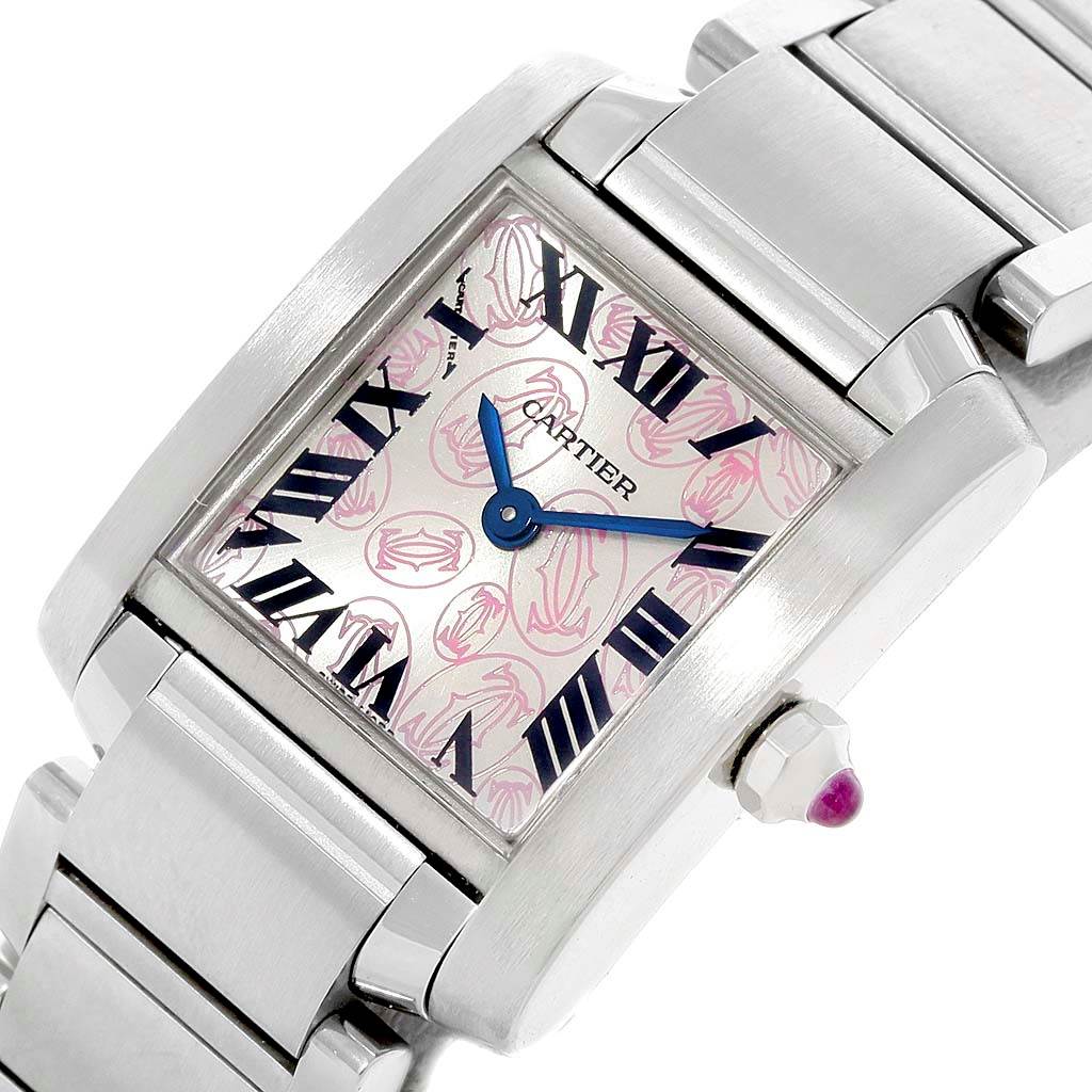The image shows a close-up of a Cartier Tank Francaise W51031Q3 Women's Stainless Steel Silver Dial W51031Q3 Women's Stainless Steel Silver Dial watch, focusing on the dial, crown, and part of the metal bracelet.