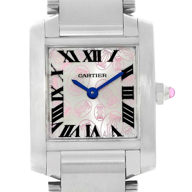 The image shows a close-up of the face and part of the bracelet of a Cartier Tank Française watch, displaying its Roman numeral dial and blue hands.