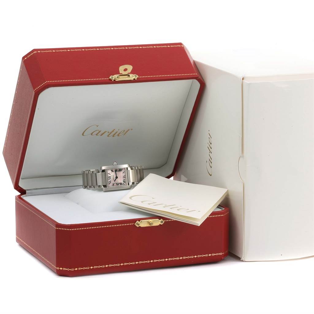 The Cartier Tank Francaise W51031Q3 Women's Stainless Steel Silver Dial W51031Q3 Women's Stainless Steel Silver Dial watch is shown inside an open red Cartier box, along with accompanying documents.