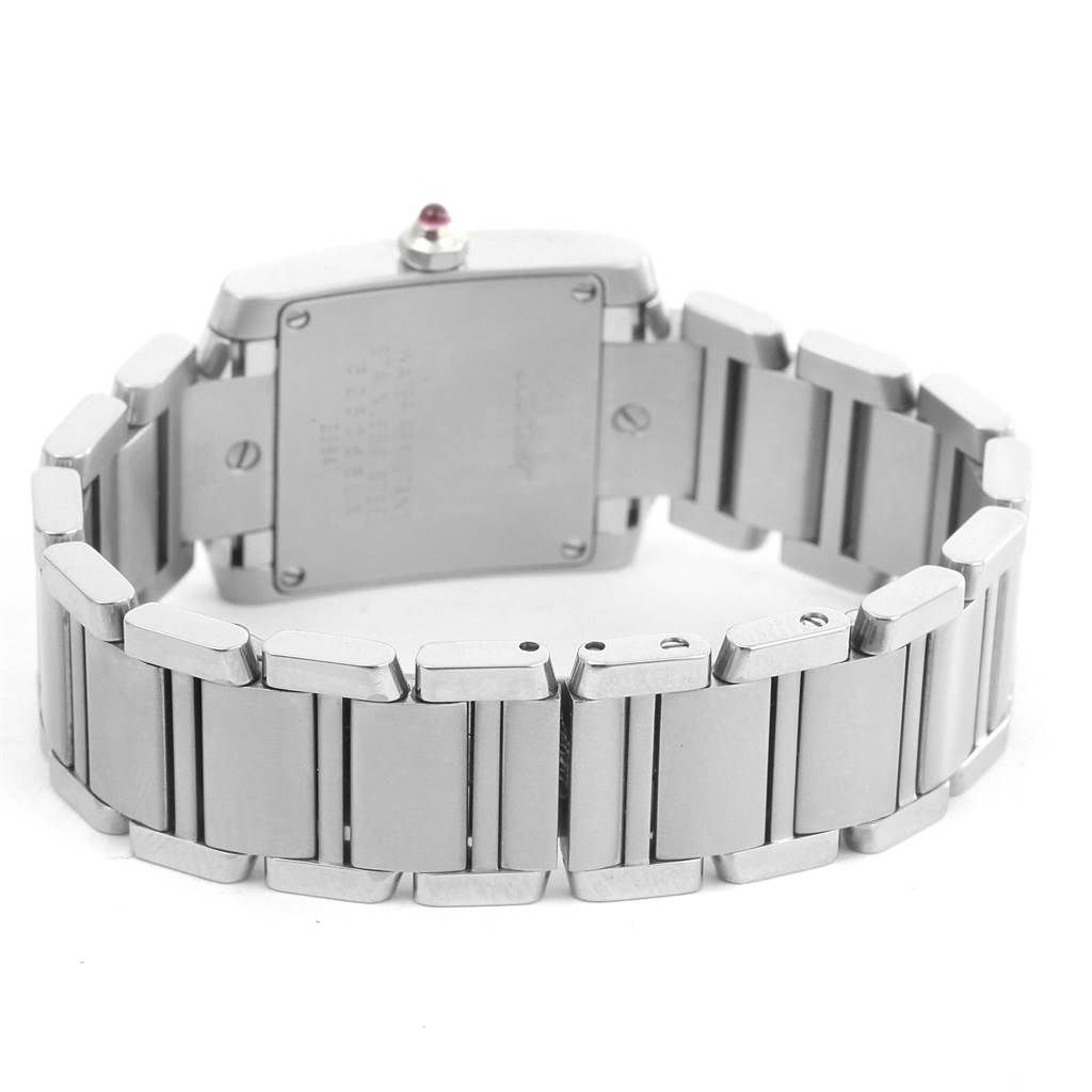 This photo shows the back and bracelet of the Cartier Tank Francaise W51031Q3 Women's Stainless Steel Silver Dial W51031Q3 Women's Stainless Steel Silver Dial watch from a rear angle.