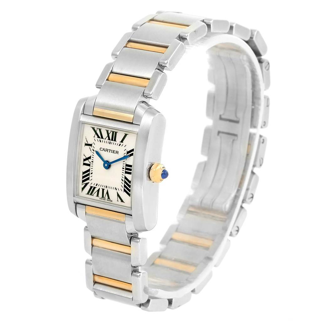 The Tank Francaise by Cartier is shown at a three-quarter angle displaying the face, case, crown, and part of the bracelet.