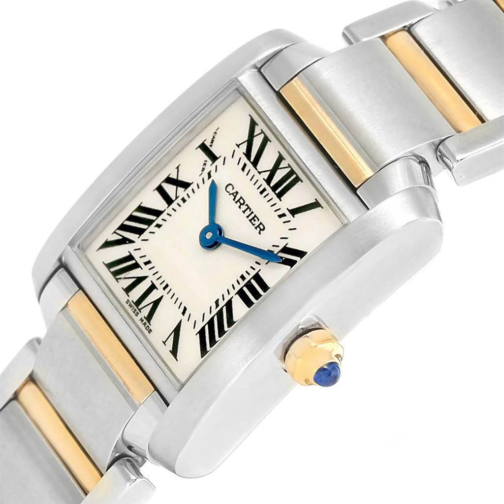 The Cartier Tank Francaise W51007Q4 Women's Steel and Gold (two tone) Silver Dial W51007Q4 Women's Steel and Gold (two tone) Silver Dial watch is shown at an angle highlighting the face, bezel, crown, and part of the metal bracelet.