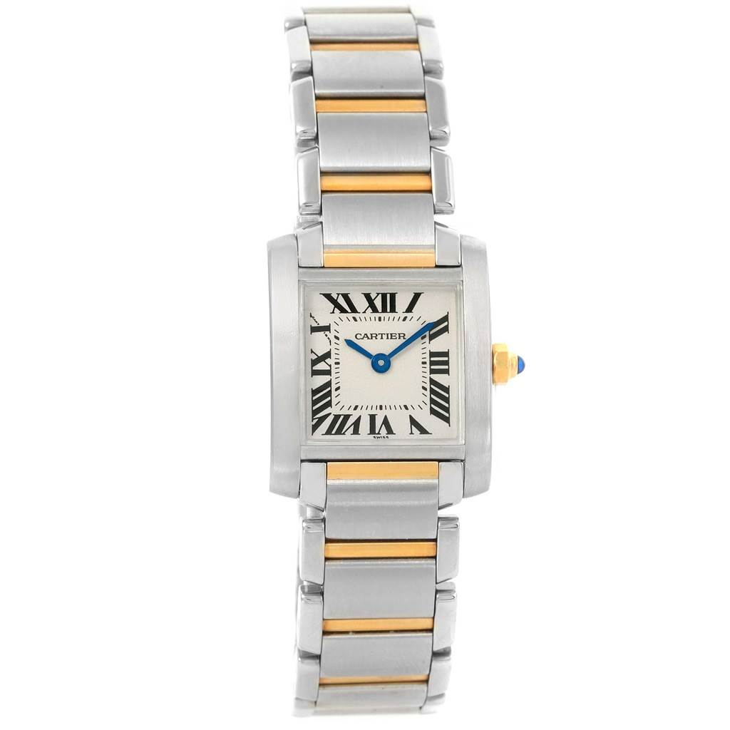 The image shows a front view of the Cartier Tank Francaise W51007Q4 Women's Steel and Gold (two tone) Silver Dial W51007Q4 Women's Steel and Gold (two tone) Silver Dial watch, highlighting its face, bracelet, and crown.