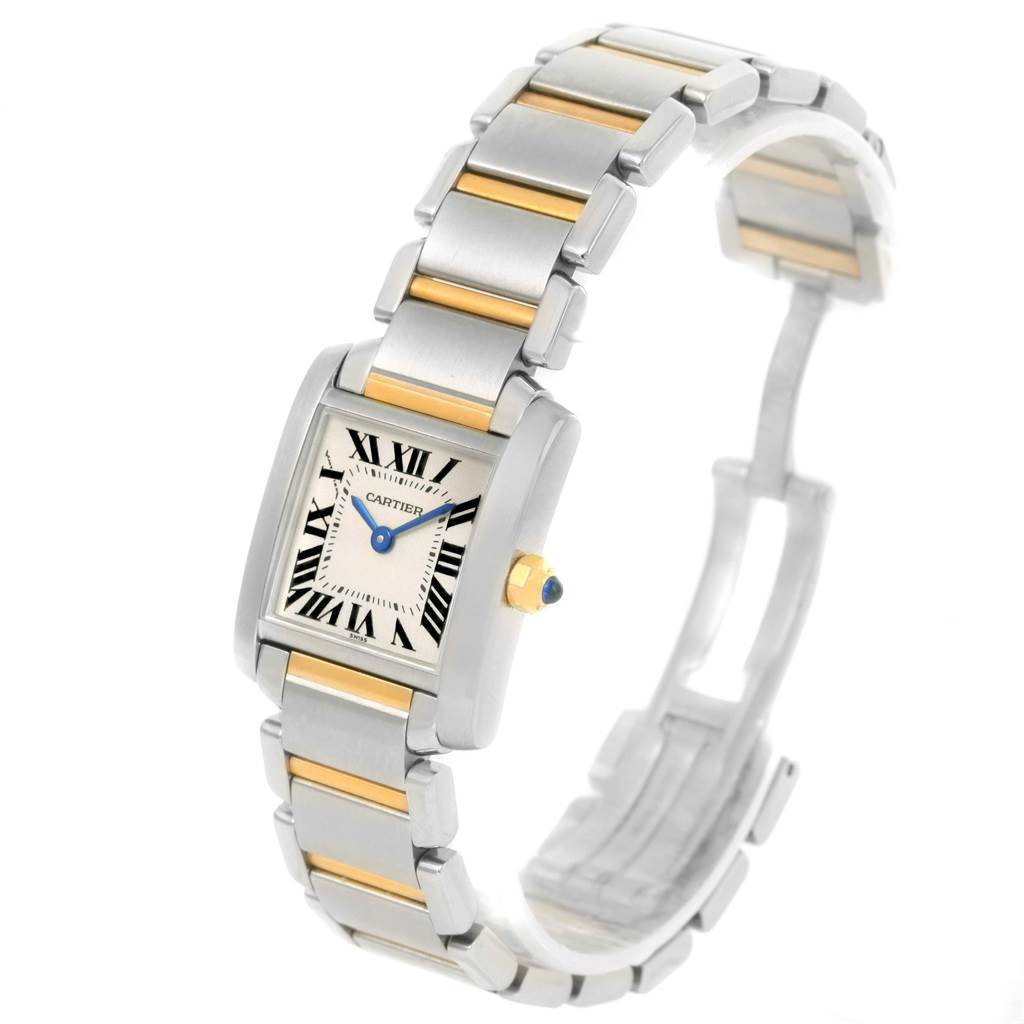 The image shows a Cartier Tank Francaise W51007Q4 Women's Steel and Gold (two tone) Silver Dial W51007Q4 Women's Steel and Gold (two tone) Silver Dial watch from an angled top view, highlighting its rectangular face and metal bracelet.