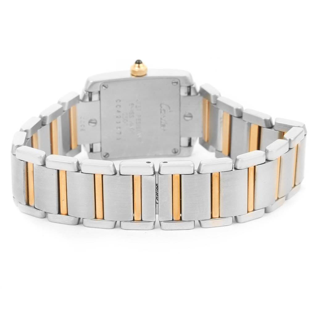This image shows the back view of the Cartier Tank Francaise W51007Q4 Women's Steel and Gold (two tone) Silver Dial W51007Q4 Women's Steel and Gold (two tone) Silver Dial watch, highlighting its stainless steel and gold-toned bracelet.