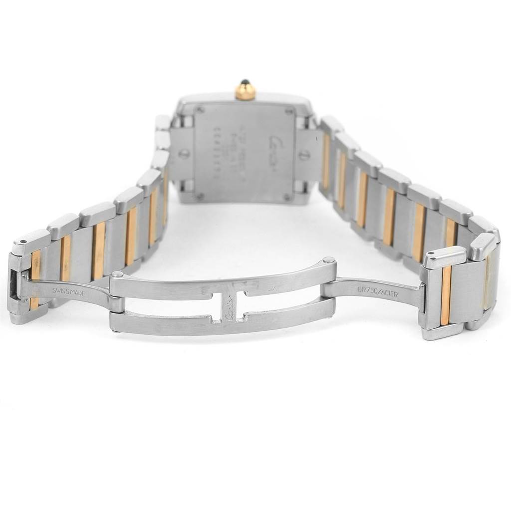 The image shows the back view of the Cartier Tank Francaise W51007Q4 Women's Steel and Gold (two tone) Silver Dial W51007Q4 Women's Steel and Gold (two tone) Silver Dial watch, including the bracelet and clasp.