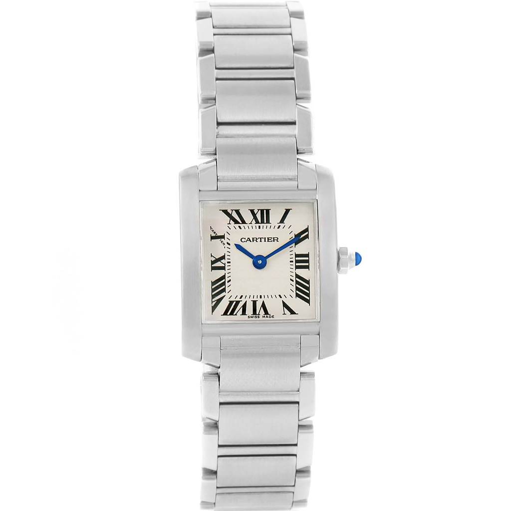 The image shows a front view of a Cartier Tank Francaise W51008Q3 Women's Stainless Steel Silver Dial W51008Q3 Women's Stainless Steel Silver Dial watch, highlighting the dial, Roman numeral markers, and stainless steel bracelet.