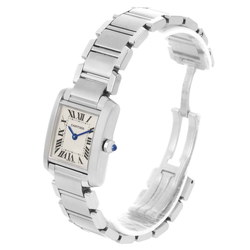 The image shows a side-angle view of the Cartier Tank Francaise W51008Q3 Women's Stainless Steel Silver Dial W51008Q3 Women's Stainless Steel Silver Dial watch displaying its face, crown, and metal bracelet.
