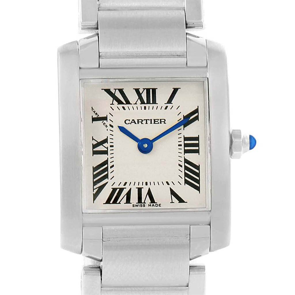 The image shows a front view of the Cartier Tank Francaise W51008Q3 Women's Stainless Steel Silver Dial W51008Q3 Women's Stainless Steel Silver Dial watch, showcasing its face and part of the metal strap.