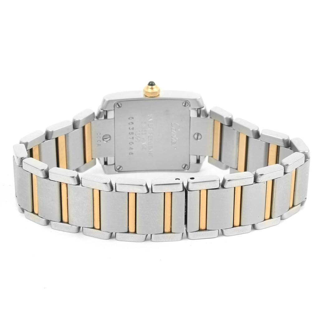 The image shows the back and bracelet of the Cartier Tank Francaise W51007Q4 Women's Steel and Gold (two tone) Silver Dial W51007Q4 Women's Steel and Gold (two tone) Silver Dial watch with a two-tone metal design.