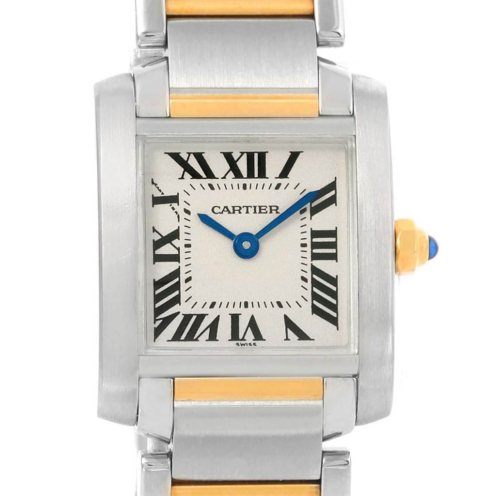This Cartier Tank Francaise W51007Q4 Women's Steel and Gold (two tone) Silver Dial W51007Q4 Women's Steel and Gold (two tone) Silver Dial watch is shown from a front angle, highlighting its face, Roman numeral dial, and part of the band.