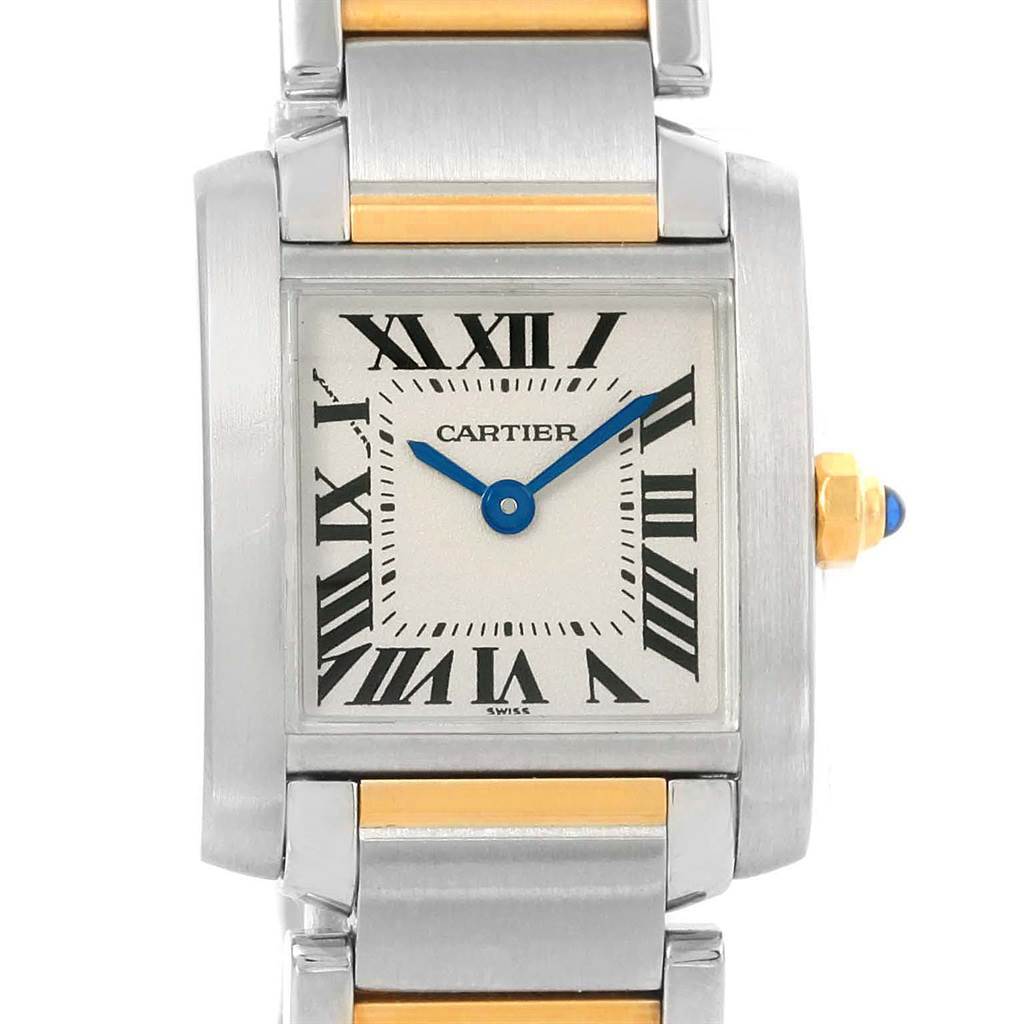 The image shows the Cartier Tank Francaise W51007Q4 Women's Steel and Gold (two tone) Silver Dial W51007Q4 Women's Steel and Gold (two tone) Silver Dial watch face and part of its metal bracelet from a front angle.