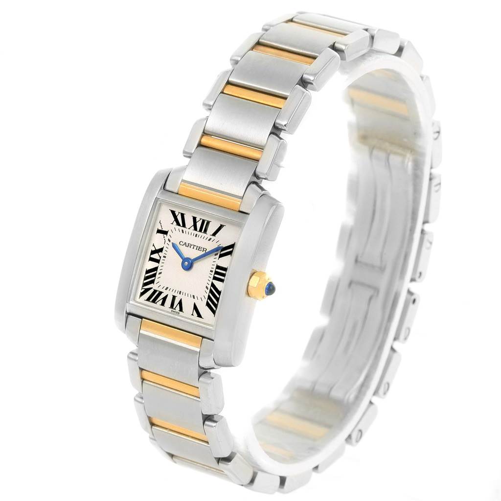 This image shows a Cartier Tank Française watch at a three-quarter angle, highlighting the face, band, and crown.