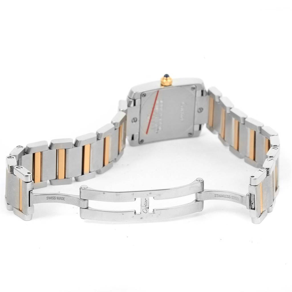 This image shows the back and clasp of the Tank Francaise watch by Cartier, highlighting its two-tone stainless steel and gold bracelet.