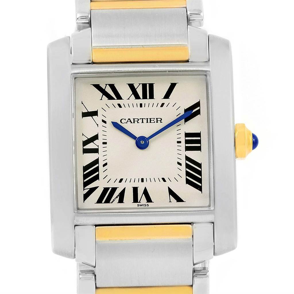The Cartier Tank Francaise W2TA0003 Women's Steel and Gold (two tone) Silver Dial W2TA0003 Women's Steel and Gold (two tone) Silver Dial watch is shown from a front view, displaying the dial, hands, and part of the metal bracelet.