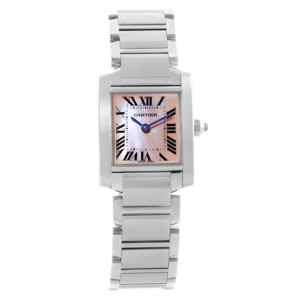The Cartier Tank Française watch is shown from the front angle, displaying the dial, case, and bracelet.
