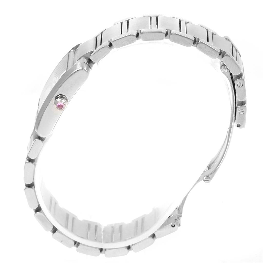 The image shows a Cartier Tank Francaise W51028Q3 Women's Stainless Steel Mother of Pearl Dial W51028Q3 Women's Stainless Steel Mother of Pearl Dial watch from a side angle, highlighting the bracelet and crown.