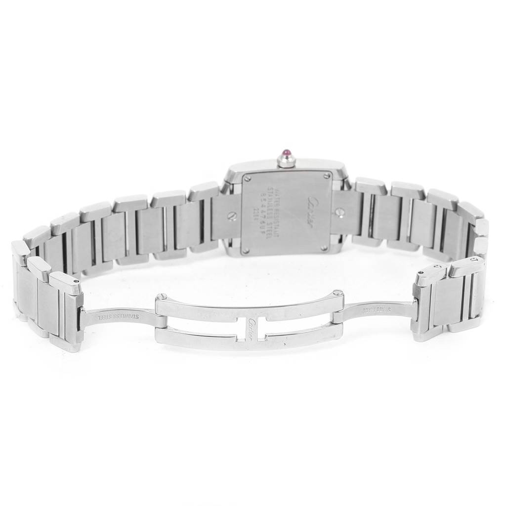 The image shows the back view of the Cartier Tank Française watch, displaying the bracelet and clasp.