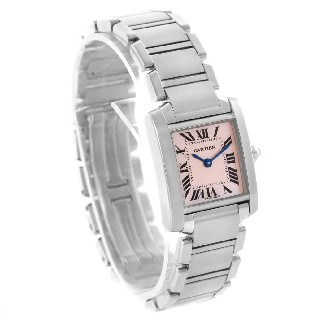 The Tank Francaise model by Cartier is shown at a three-quarter angle, displaying the watch's face and stainless steel bracelet.