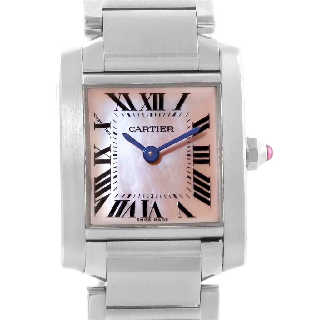 This image shows a front view of the Cartier Tank Française watch, highlighting its dial, bracelet, and crown.