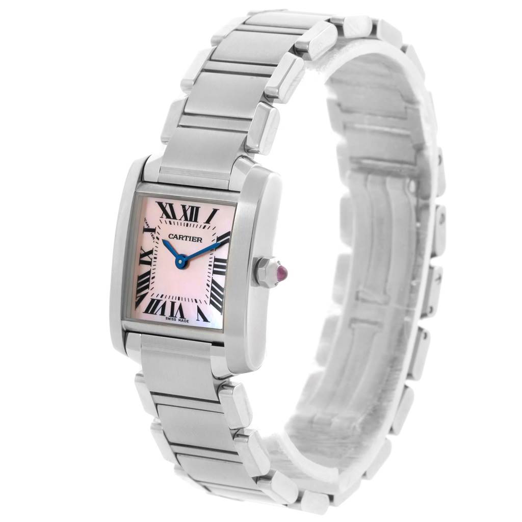This is a side angle showing the face, crown, and bracelet of the Cartier Tank Française watch.