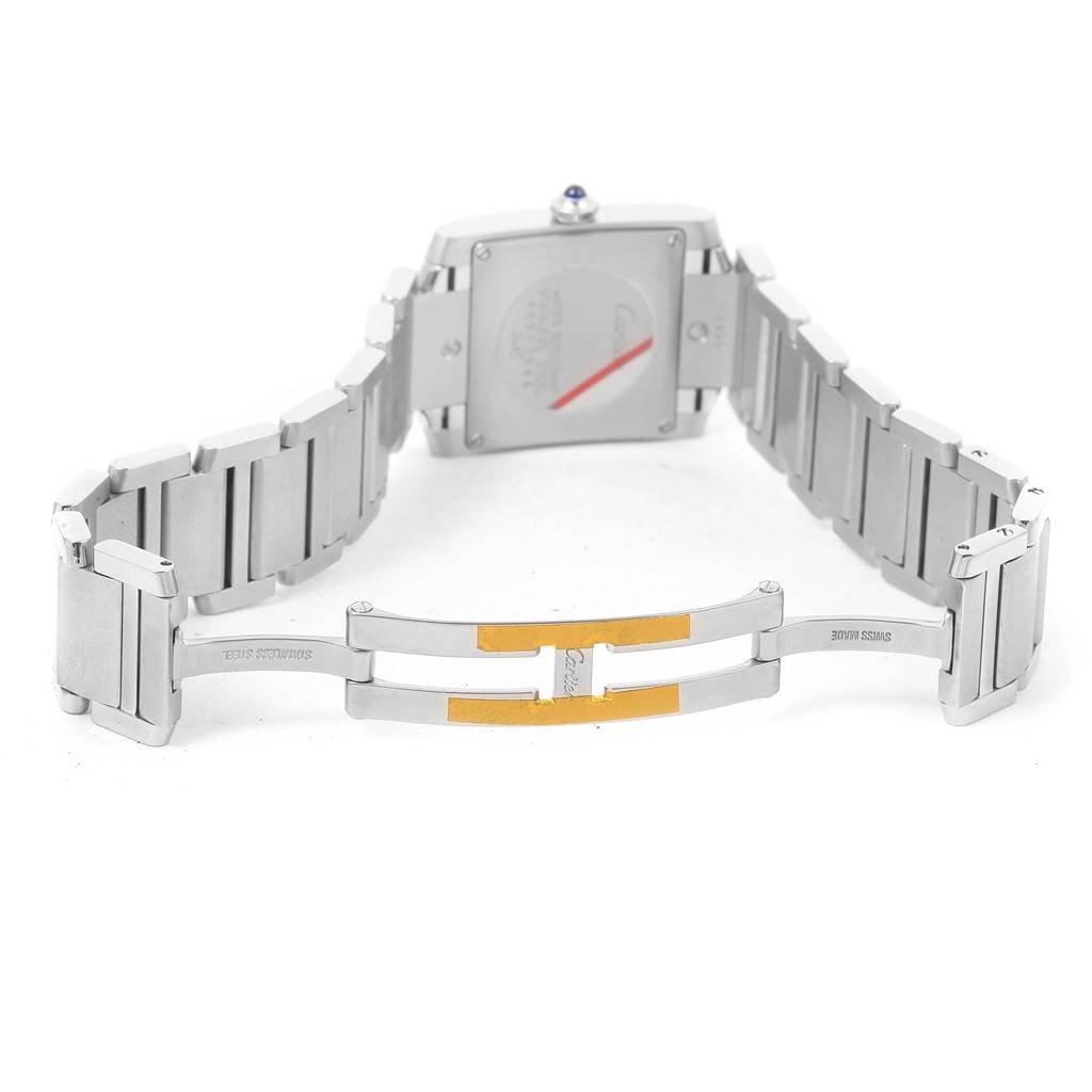 This image shows the back angle of the Cartier Tank Francaise W51011Q3 Women's Stainless Steel Silver Dial W51011Q3 Women's Stainless Steel Silver Dial watch, highlighting its bracelet and clasp.