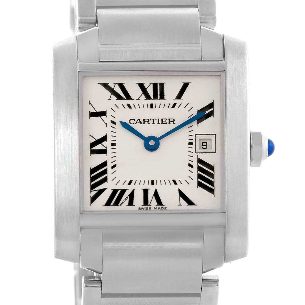 This image shows a close-up, front-facing view of the Cartier Tank Française watch, highlighting the face, Roman numerals, and bracelet.