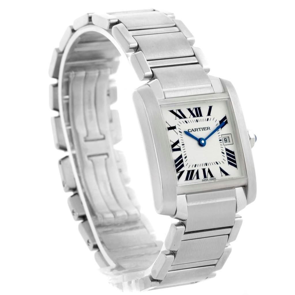 The image shows a Cartier Tank Francaise W51011Q3 Women's Stainless Steel Silver Dial W51011Q3 Women's Stainless Steel Silver Dial watch at a three-quarter angle, highlighting its rectangular face, bracelet, and crown.