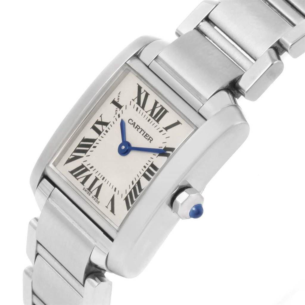 This image shows a close-up view of the watch face, crown, and part of the bracelet of the Cartier Tank Francaise W51008Q3 Women's Stainless Steel Silver Dial W51008Q3 Women's Stainless Steel Silver Dial.