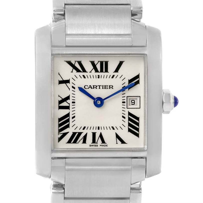 This image shows a frontal view of the Cartier Tank Francaise W51011Q3 Women's Stainless Steel White Dial W51011Q3 Women's Stainless Steel White Dial watch, focusing on the dial, bracelet, and crown.