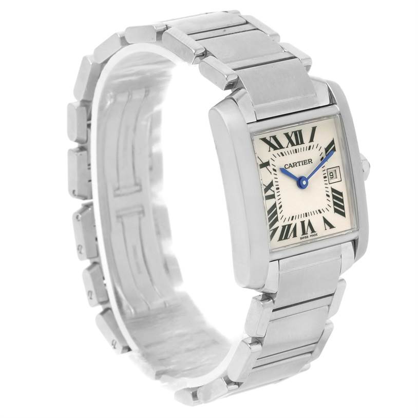 The image shows the Cartier Tank Francaise W51011Q3 Women's Stainless Steel White Dial W51011Q3 Women's Stainless Steel White Dial watch from an angled top perspective, highlighting its face, bracelet, and clasp.