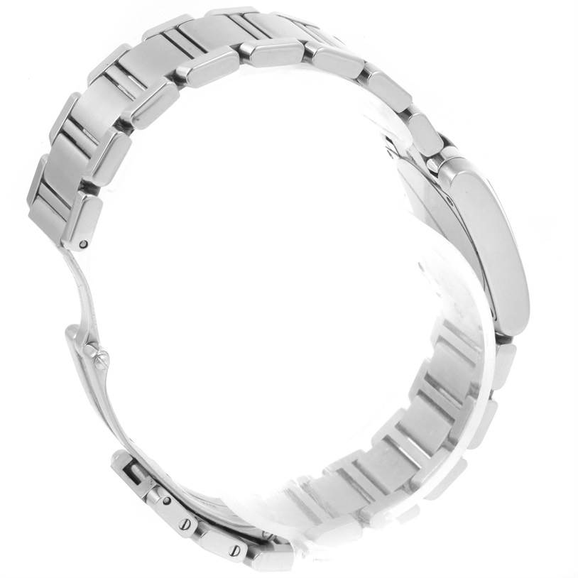 This image shows the bracelet and clasp of the Cartier Tank Francaise W51008Q3 Women's Stainless Steel Silver Dial W51008Q3 Women's Stainless Steel Silver Dial watch from a side angle.