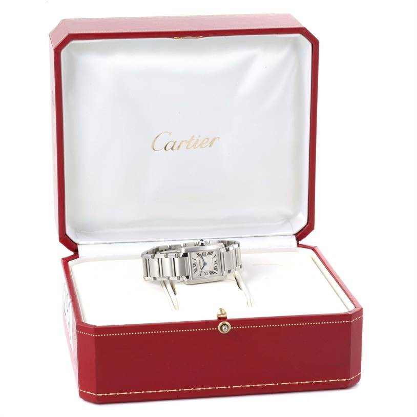 The Cartier Tank Francaise W51008Q3 Women's Stainless Steel Silver Dial W51008Q3 Women's Stainless Steel Silver Dial watch is displayed inside its opened, padded red case at a front-facing angle.
