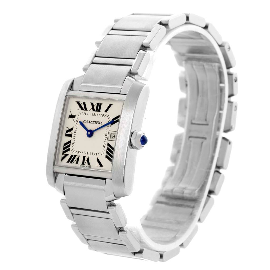 The image shows a Cartier Tank Francaise W51011Q3 Women's Stainless Steel Silver Dial W51011Q3 Women's Stainless Steel Silver Dial watch at a slight angle, displaying its face, bracelet, and crown.