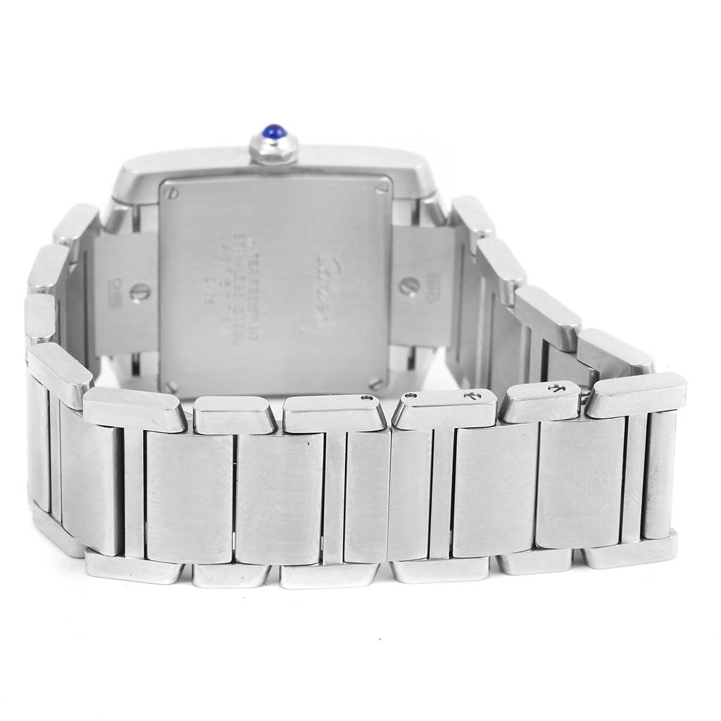 This is a rear view of the Cartier Tank Francaise W51011Q3 Women's Stainless Steel Silver Dial W51011Q3 Women's Stainless Steel Silver Dial watch, showing its metal bracelet and the back of the watch case.