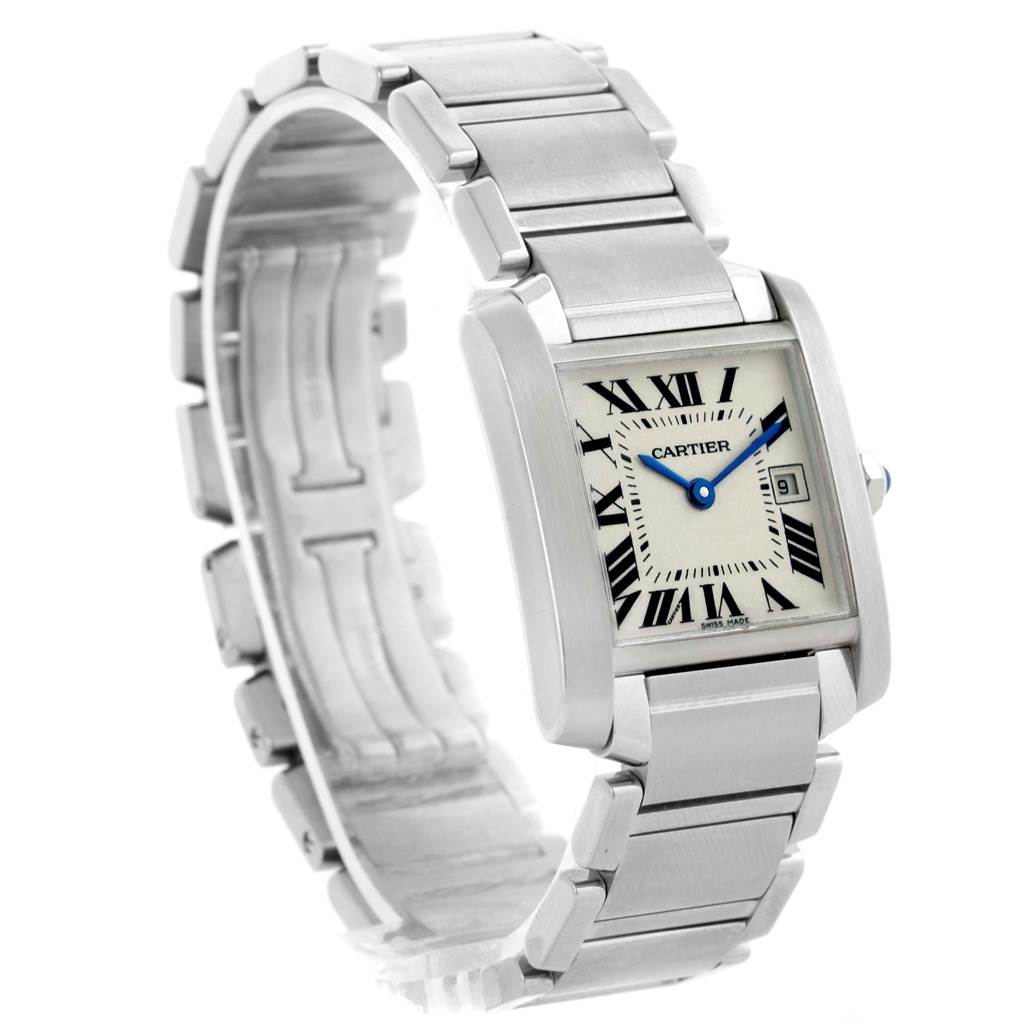 The image shows a front and slightly angled view of a Cartier Tank Francaise W51011Q3 Women's Stainless Steel Silver Dial W51011Q3 Women's Stainless Steel Silver Dial watch, displaying the bracelet, dial, hands, and date window.