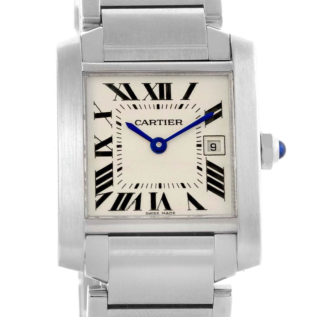 This image shows the front view of a Cartier Tank Francaise W51011Q3 Women's Stainless Steel Silver Dial W51011Q3 Women's Stainless Steel Silver Dial watch, displaying its face, blue hands, Roman numerals, and metal bracelet.