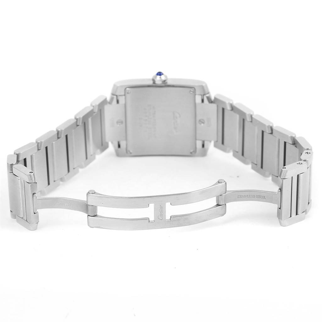This image shows the back and clasp of the Cartier Tank Francaise W51011Q3 Women's Stainless Steel Silver Dial W51011Q3 Women's Stainless Steel Silver Dial watch, including its stainless steel bracelet.