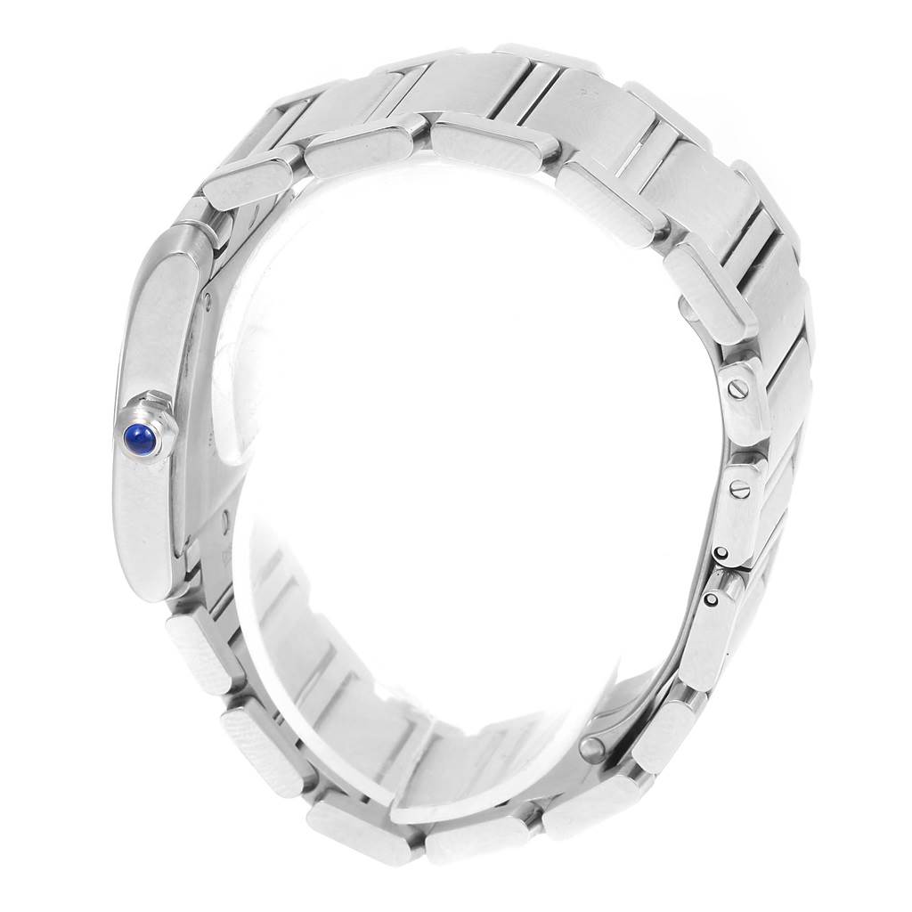 This image shows the side view of a Cartier Tank Francaise W51011Q3 Women's Stainless Steel Silver Dial W51011Q3 Women's Stainless Steel Silver Dial watch, highlighting its bracelet and crown with a blue cabochon.