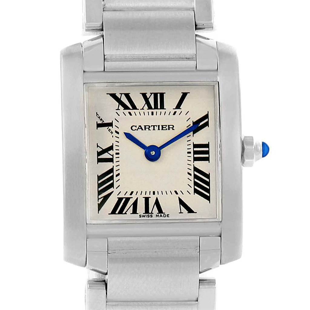 The image shows a front view of the Cartier Tank Francaise W51008Q3 Women's Stainless Steel Silver Dial W51008Q3 Women's Stainless Steel Silver Dial watch, highlighting the face, Roman numerals, hands, and part of the bracelet.