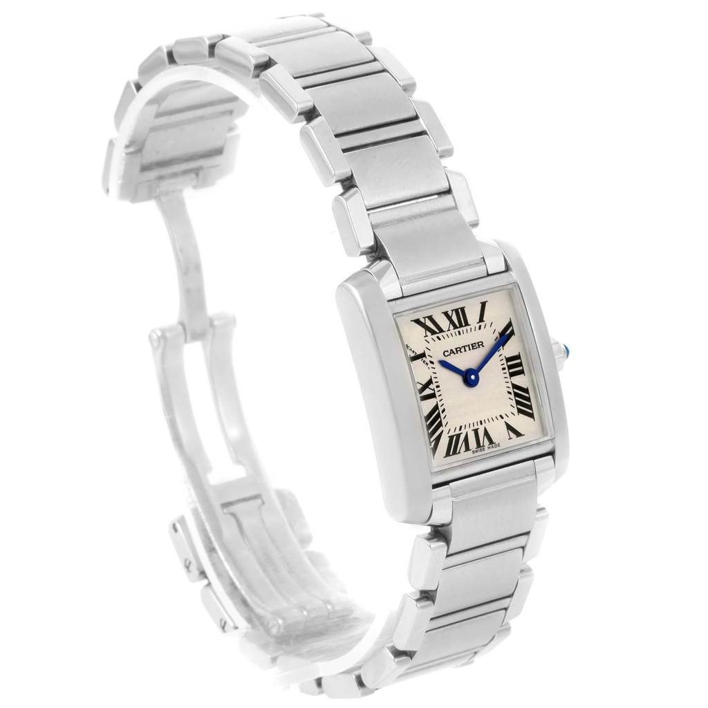The image shows a side angle view of the Cartier Tank Francaise W51008Q3 Women's Stainless Steel Silver Dial W51008Q3 Women's Stainless Steel Silver Dial watch highlighting its face, bracelet, and clasp.