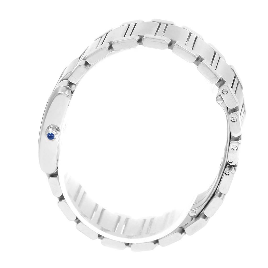 This image shows a Cartier Tank Francaise W51008Q3 Women's Stainless Steel Silver Dial W51008Q3 Women's Stainless Steel Silver Dial watch from a side angle, highlighting the bracelet and crown with a blue cabochon sapphire.