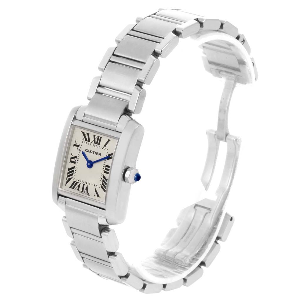 This Cartier Tank Francaise W51008Q3 Women's Stainless Steel Silver Dial W51008Q3 Women's Stainless Steel Silver Dial watch is shown at an angle displaying the dial, bracelet, and clasp.